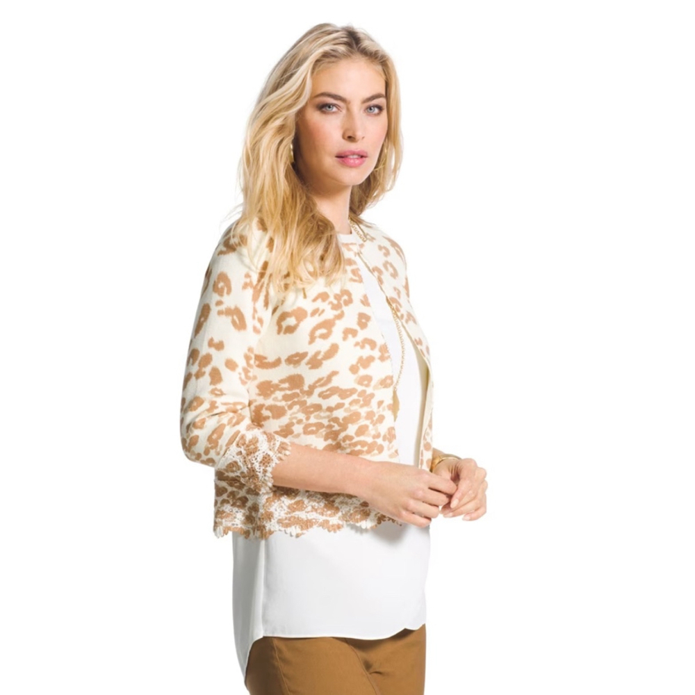 Chico’s cheetah lace hem 3/4 sleeve Charlee cardigan size S/chicos 0